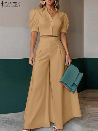 Summer Office Women Two Pieces Sets ZANZEA Elegant OL Work Pant Sets Short Sleeve Cropped Blouse Wide Leg Trousers 2PCS Outfits