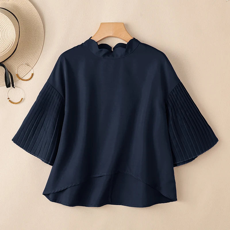 ZANZEA Elegant Women's High-Low Blouses Scalloped Mock Neck Pleated Flare Sleeves Solid Color Tops 2026 Summer Woman Clothes 3XL