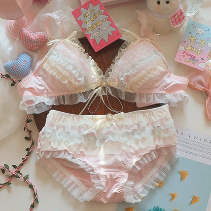Lolita Princess Pure Desire Bra Set Women Japanese Cake Layer Lace Mesh Cotton Crotch New Party Lingerie Push Up Comfort Soft