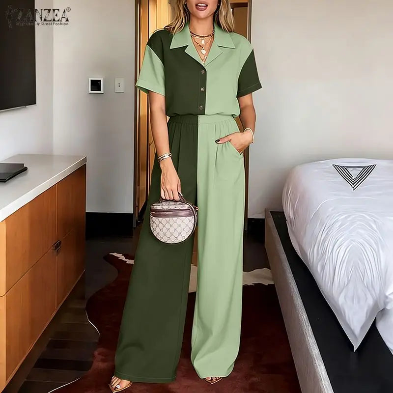 ZANZEA Stylish Lapel Neck Short Sleeve Shirt Wide Leg Pant Sets Summer 2 Pieces Sets Women Patchwork Outfit OL Work Tracksuits
