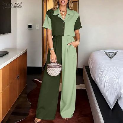 ZANZEA Stylish Lapel Neck Short Sleeve Shirt Wide Leg Pant Sets Summer 2 Pieces Sets Women Patchwork Outfit OL Work Tracksuits