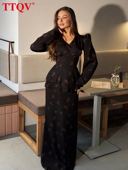 TTQV Fashion Loose Print Women's Dress 2026 Spring V-Neck Long Sleeve Maxi Dresses Elegant Classic High Waist Female Dress
