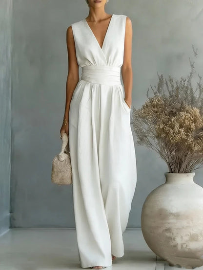 Women Elegant High Waist Jumpsuits Summer Short Sleeve Wide Leg Pants Romper Casual V Neck Solid Loose Jumpsuits Streetwear