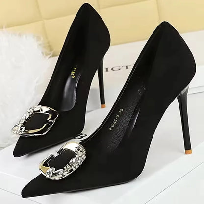 BIGTREE Shoes Metal Rhinestone Belt Buckle Women Pumps Suede High Heels Luxury Banquet Shoes Sexy Party Shoes Women Stilettos