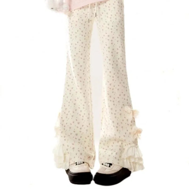 Girls' Micro Flare Pants 2026 Spring Autumn New French Bow Lace Floral Print Slimming Figure Flattering Casual Pants