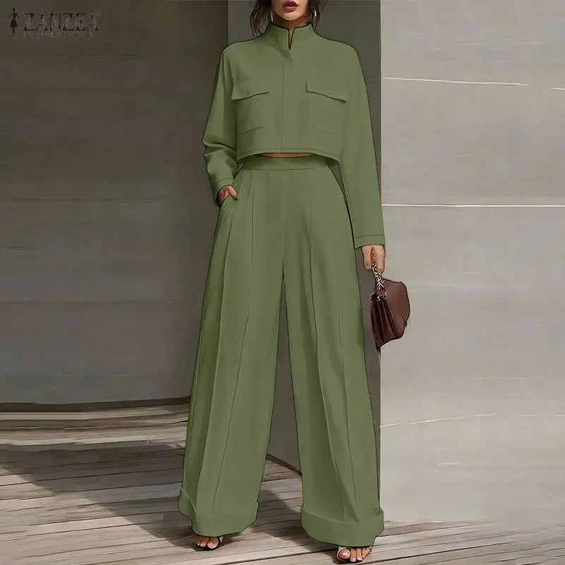 ZANZEA 2026 Spring Outfits Stand Neck Long Sleeve Tops Pant Sets Stylish Solid OL Work Tracksuit Women 2 Piece Sets Streetwear