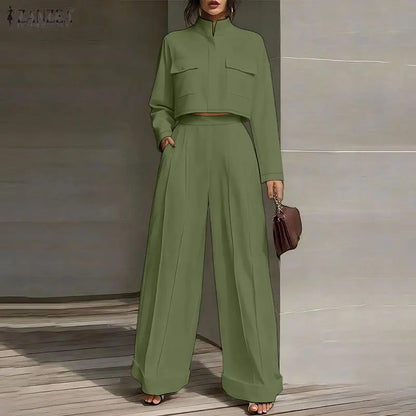 ZANZEA 2026 Spring Outfits Stand Neck Long Sleeve Tops Pant Sets Stylish Solid OL Work Tracksuit Women 2 Piece Sets Streetwear