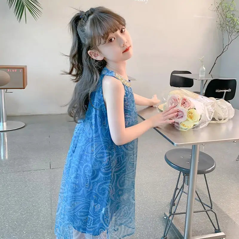 2026 Summer Kids girls chiffon mesh lace Tulle chemise Dresses Formal Princess Children braces skirt 4 5 6 7 8 10 11 12 13 Years