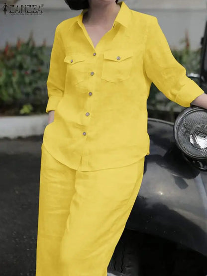 ZANZEA Women Office Outfits Autumn Solid Blouse Sets Trouser Suit Elegant Long Sleeve Shirt Pantsuits Casual Solid Matching Sets