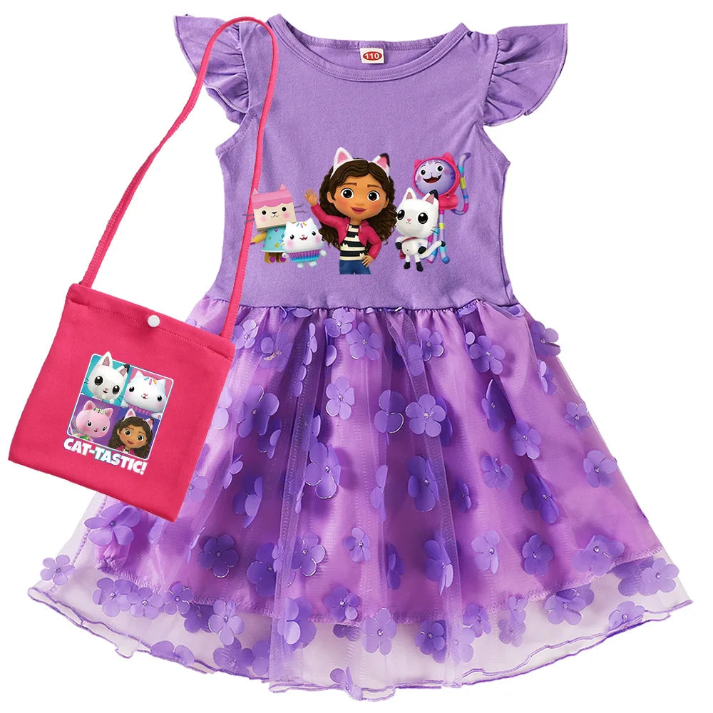 Vestidos Gabbys Dollhouse Costume Kids Cartoon Gabby Chat Dress Baby Girls Summer Short Sleeve Casual Dresses and Bag & Headband