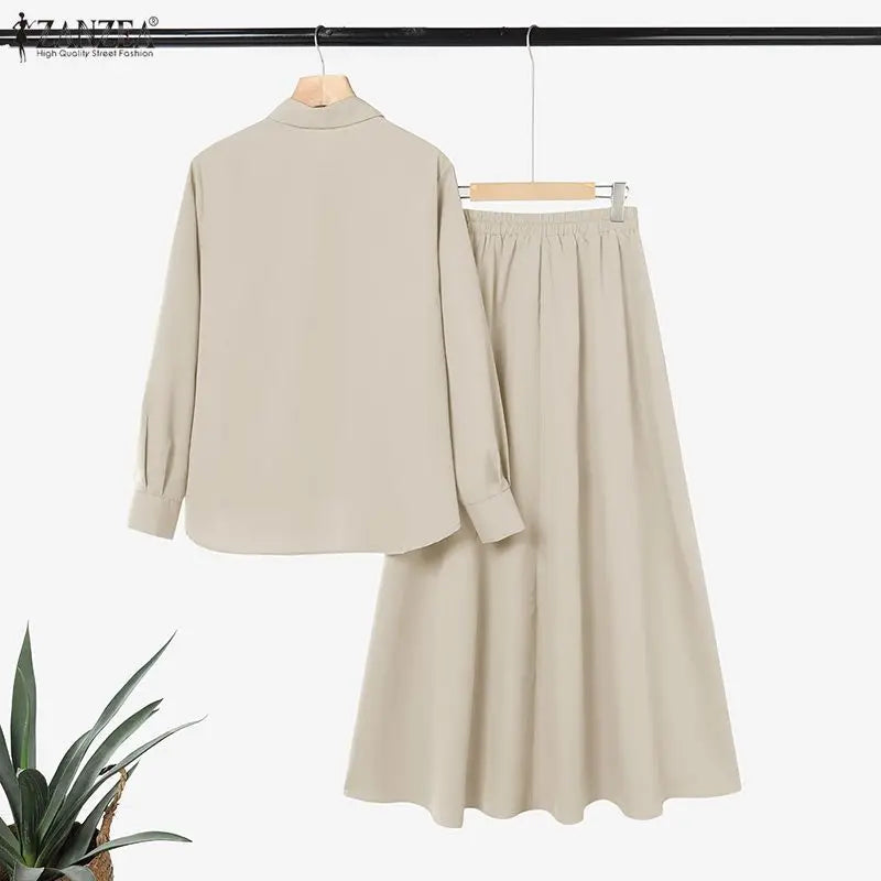 ZANZEA Modest Hijabis Womens Skirt Suits Long Sleeve Shirt & Tiered Long Skirt 2 Pieces Sets Muslim Islamic Daily Casual Outfits