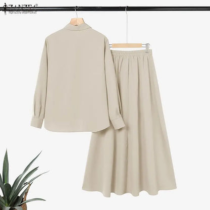 ZANZEA Modest Hijabis Womens Skirt Suits Long Sleeve Shirt & Tiered Long Skirt 2 Pieces Sets Muslim Islamic Daily Casual Outfits