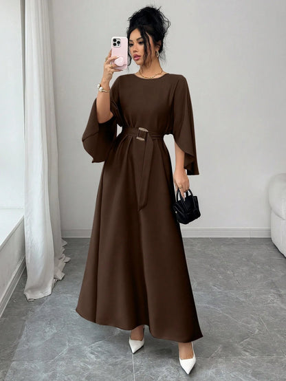 Gentle Style Round Neck Batwing Sleeve Waist-Tied Maxi Dress with Belt Elegant Commuter Long Dress