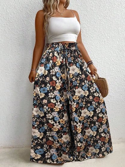 Plus Size Women's Clothing Loose Comfortable Commuting Casual Style Summer Printed Long Pants Elastic Waist Drawstring Draped Wide Leg Pants