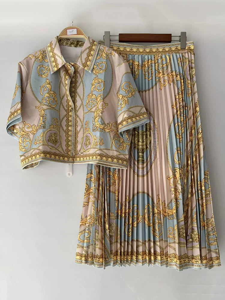 Retro geometric print lapel short shirt two-piece set 2026 summer women's clothing + loose large size pleated skirt fashion suit