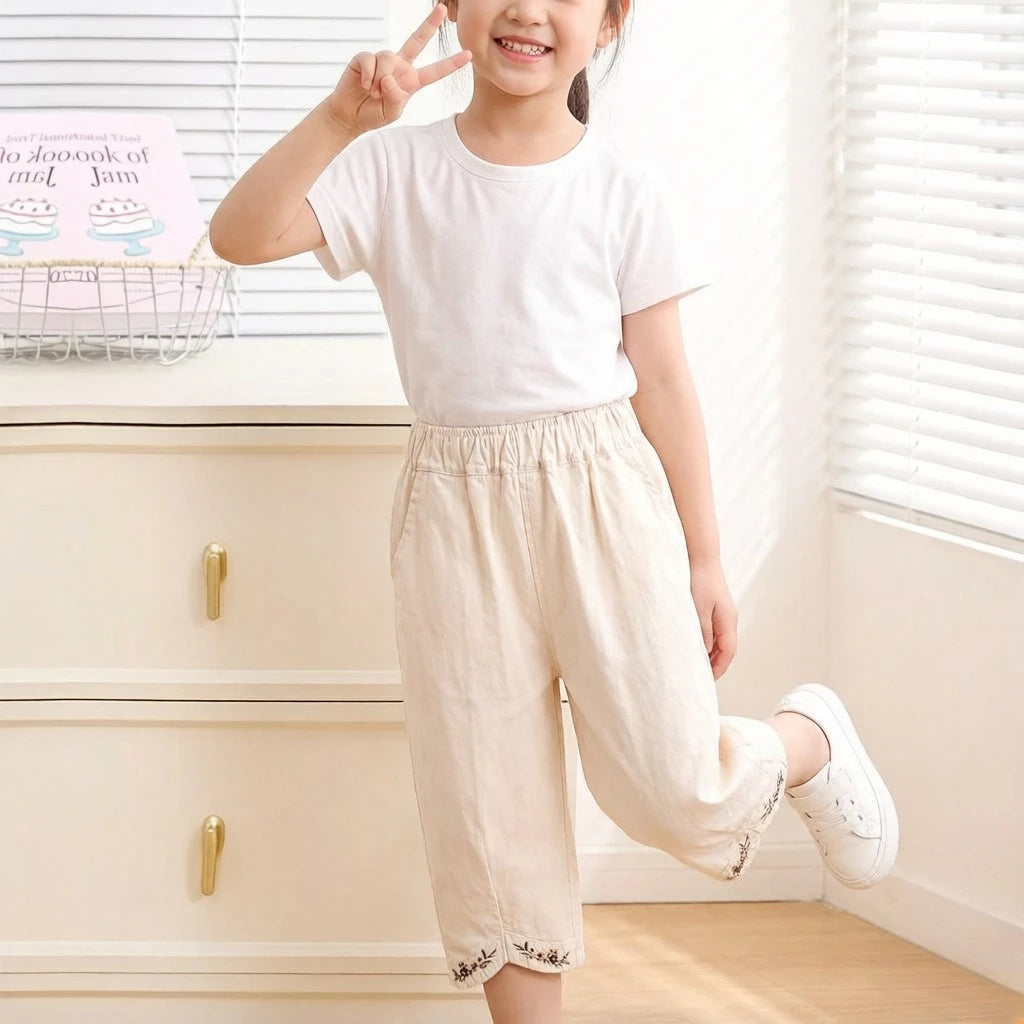 Girls' Embroidered Lace Trim Trousers Spring Summer Korean Country Garden Style Loose Fit Breathable Versatile Everyday Wear