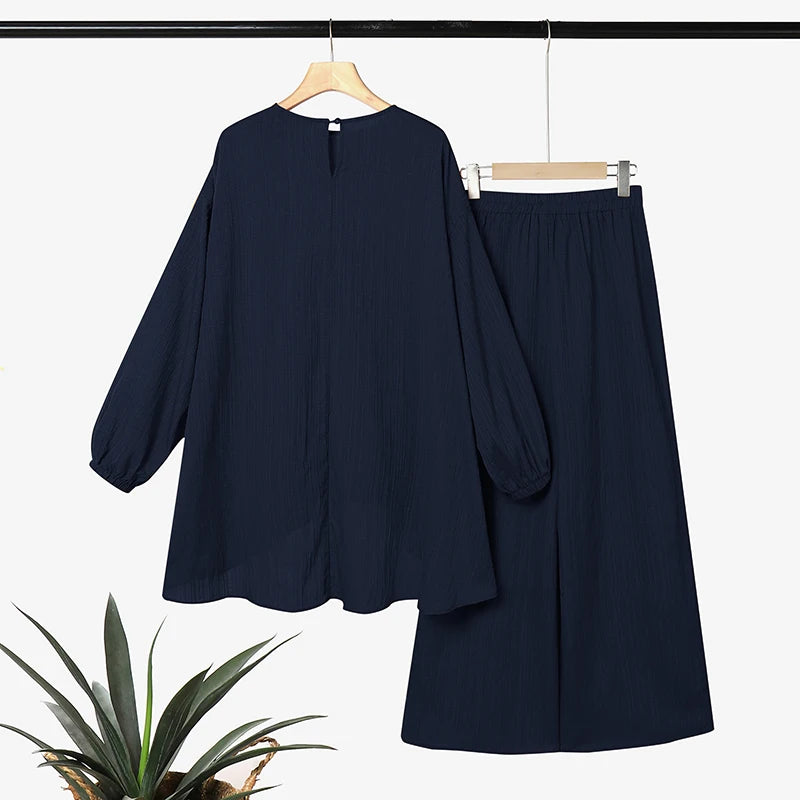 ZANZEA Muslim Women 2 Pieces Outfits Casual Full Sleeve Long Tops Wide Leg Pant Sets Abaya Suit Hijab Tracksuit Matching Sets