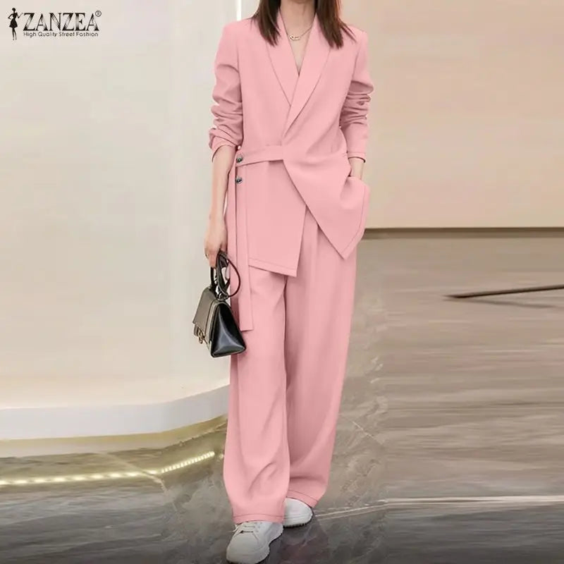 ZANZEA Spring Fashion 2 Piece Sets 2026 Women Office Outfits Long Sleeve Blazer Tops Pant Sets Solid OL Tracksuit Matching Sets