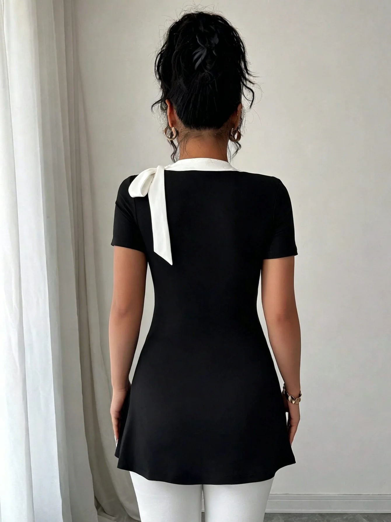 Black White Bow Tie Tunic Top - Elegant V-Neck Slim Fit Short Sleeve A-Line Blouse for Office, Casual & Daily Wear