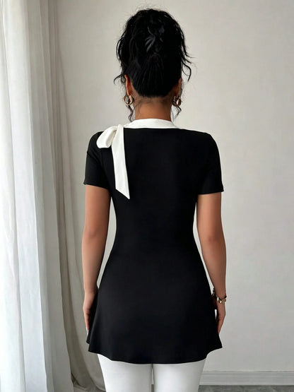 Black White Bow Tie Tunic Top - Elegant V-Neck Slim Fit Short Sleeve A-Line Blouse for Office, Casual & Daily Wear