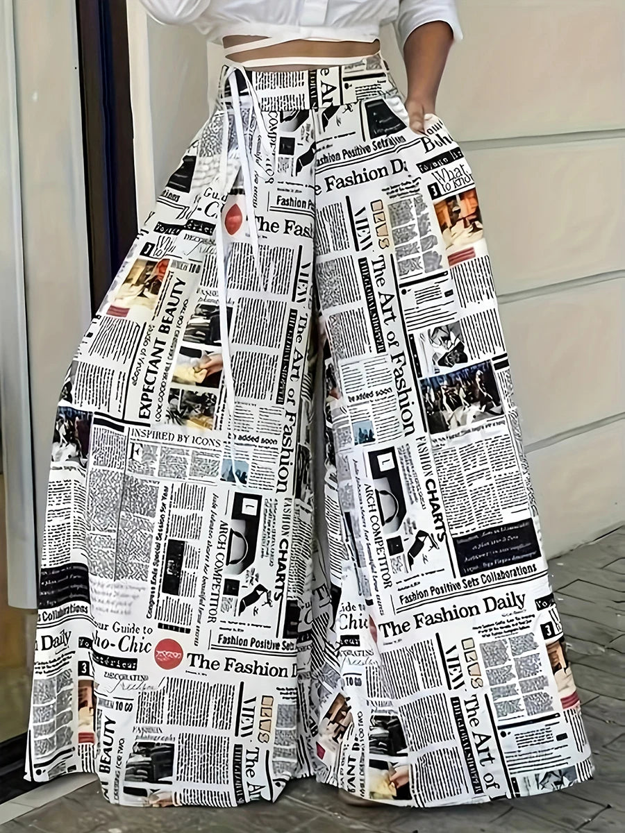 Women Vintage Newspaper Print Wide Leg Pants High Waist Lace Up Loose Casual Trousers Fashion Streetwear Baggy Pants Female