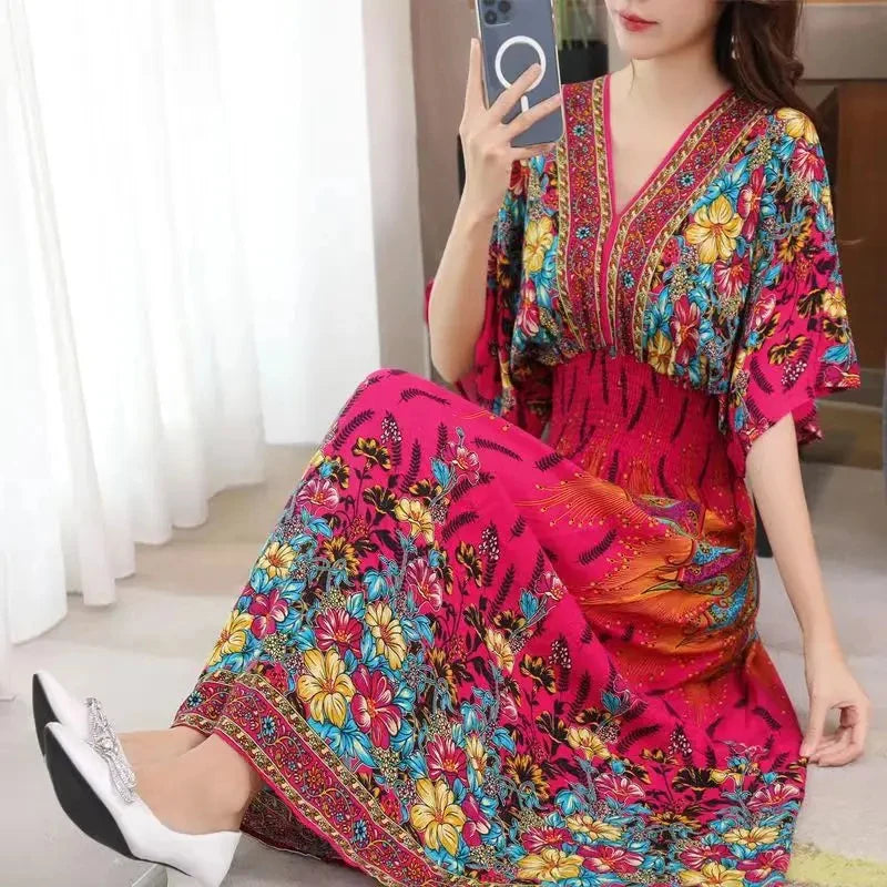 Casual Elegant Retro Bohemian National Style V-neck Elastic  Waist Large Swing Printed Summer Long Skirt Woman Dress Clothes