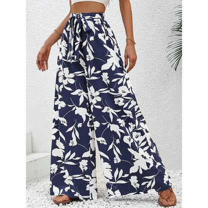 Summer Floral Print High-Waisted Wide Leg Pants Casual Comfortable Vacation Style Long Pants for Women