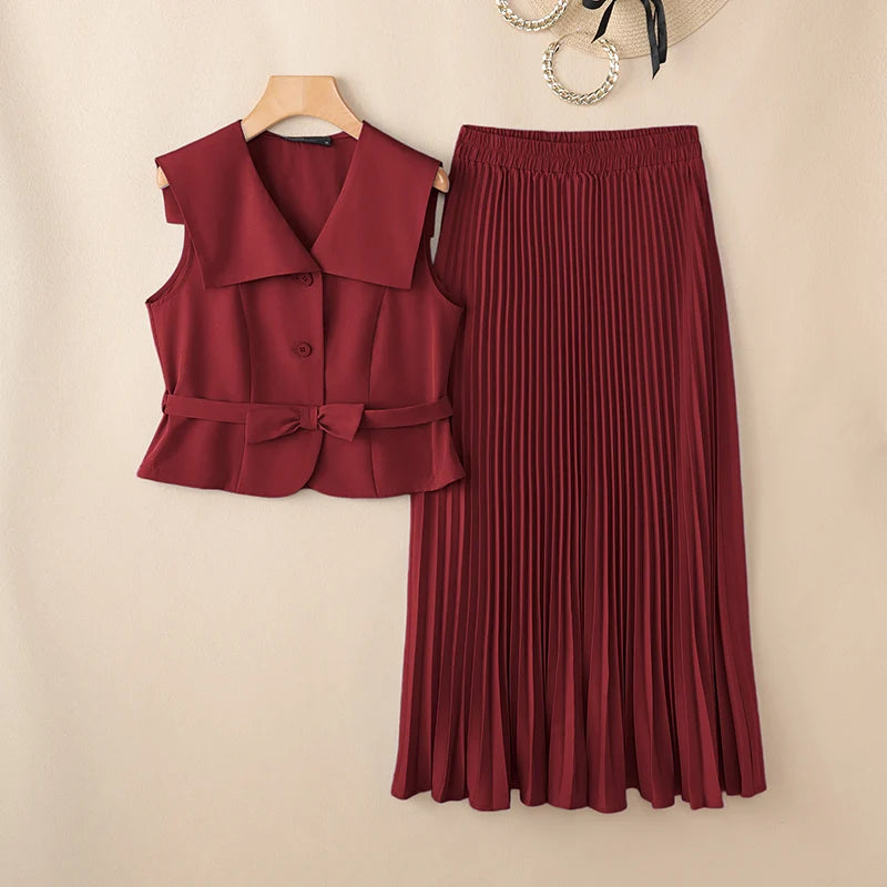 ZANZEA Summer Office Outfits Fashion Women Dress Sets Elegant Lapel Neck Sleeveless Vests Tops A Line Pleated Skirt Suit OL Work