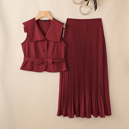 ZANZEA Summer Office Outfits Fashion Women Dress Sets Elegant Lapel Neck Sleeveless Vests Tops A Line Pleated Skirt Suit OL Work