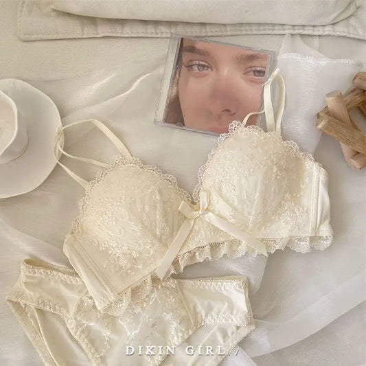 Sexy Lace Embroidered Bra Set with Small Chest Gathered for Collection, Accessory Breasts Without Steel Rims, Underwear Set