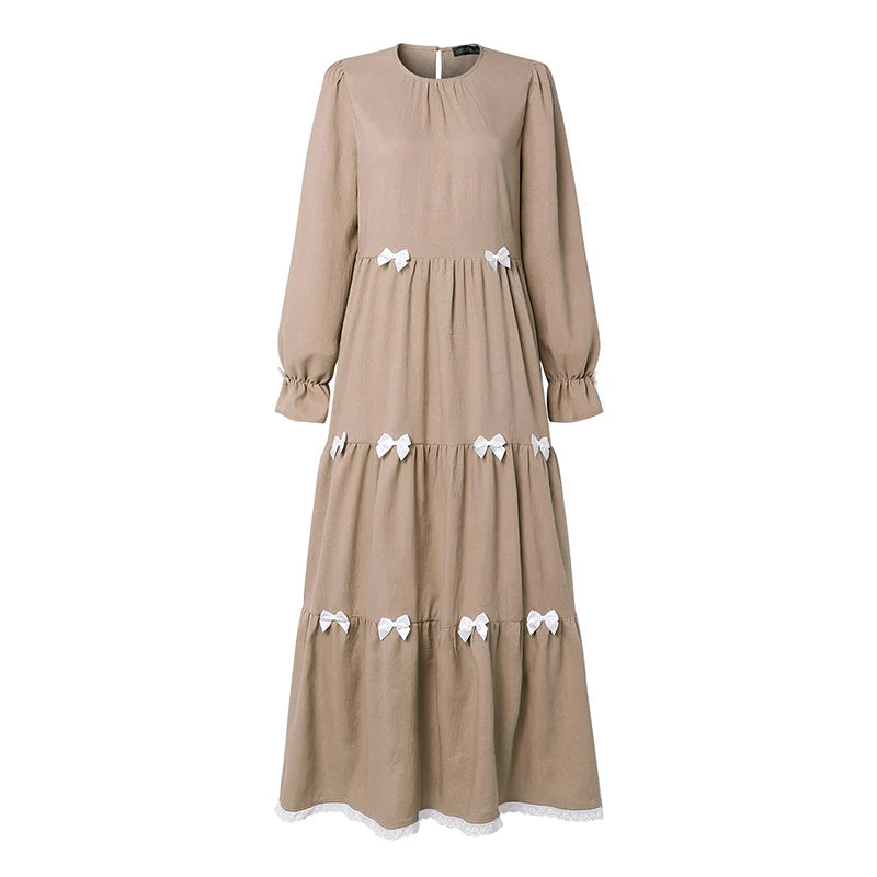 Elegant Muslim Dresses 2026 ZANZEA Ramadan Abaya Women Elegant O Neck Long Sleeve Bows Sundress Dubai Robe Femme Hijab Vestidos