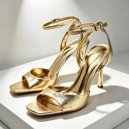 Luxury Gold Patent Leather Brand High Heel Sandal Women Fashion Ankle Buckle Thin Heel Designer Shoe Elegant Party Evening Shoes