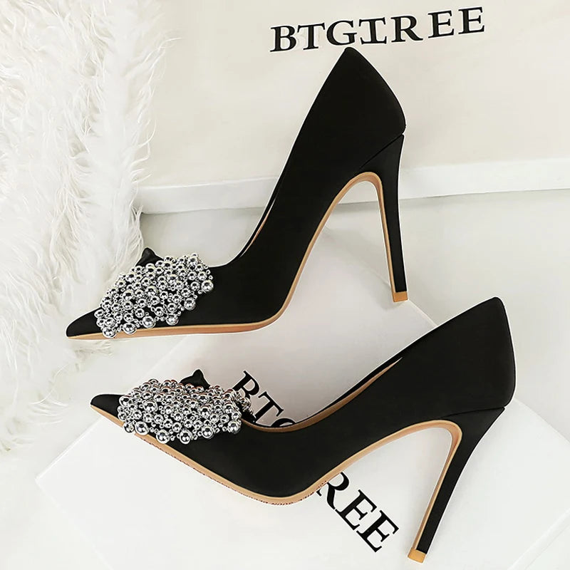 BIGTREE Shoes New Luxury Women Pumps Bowknot High Heels Silks Satins Shoe Upper Women Heels Stilettos Pointed End Women Shoes