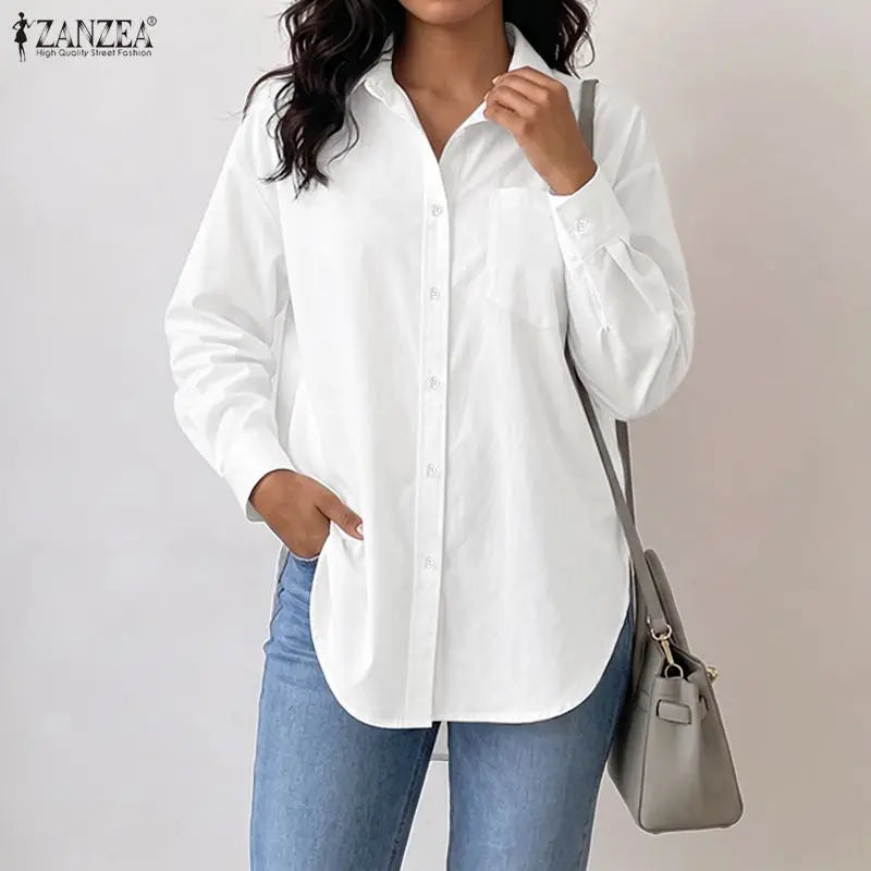 ZANZEA Woman Rounded Hem Long Shirts Casual Turn-Down Collar Long Sleeve Button Up Blouses Autumn Solid Chemise Femme Streetwear