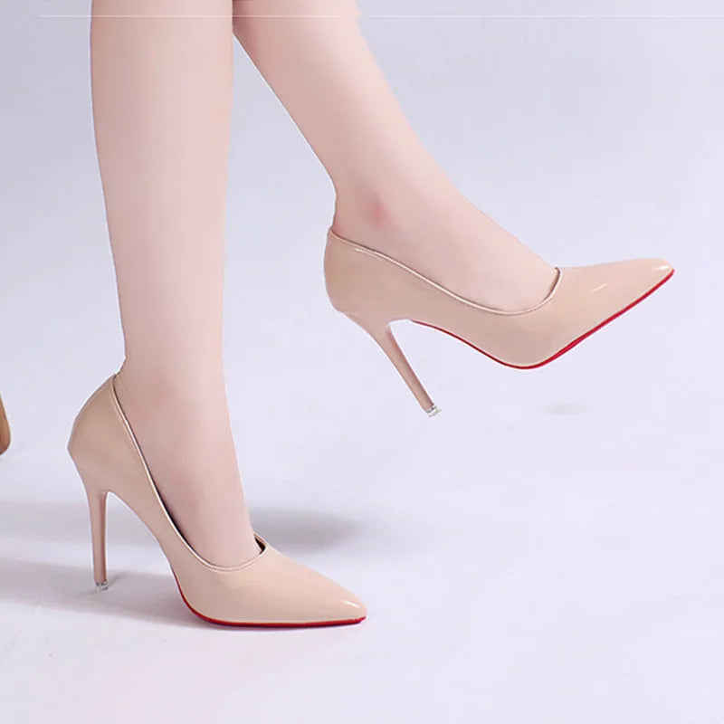 White Nude Pointed Toe Patent Leather High Heels Sexy Red Sole Party Prom Girl Pumps Minimalist Shallow Mouth Work Single Shoes