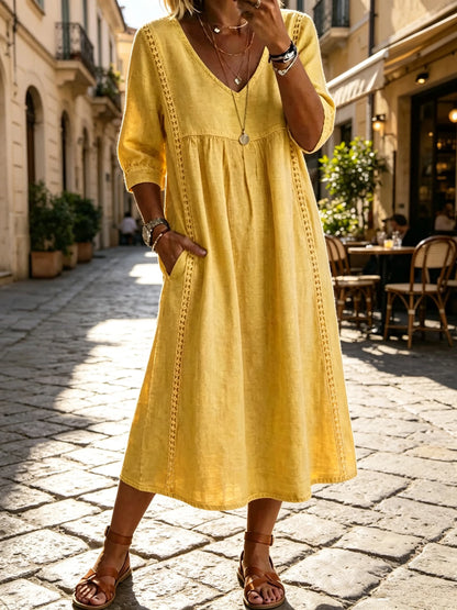 Women Summer Casual Loose V Neck Lace Splicing Midi Dress, Solid Three Quarter Sleeve Breathable Daily Vacation Dress