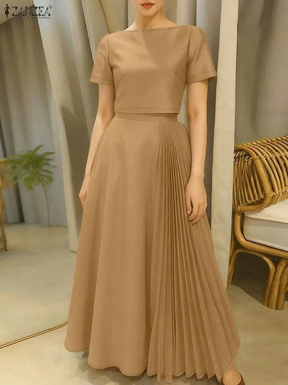 ZANZEA Fashion 2 Pieces Skirt Sets Women Elegant Boatneck Short Sleeve Crop Tops and Pleated Long Skirts Suits Woman Outfits 3XL