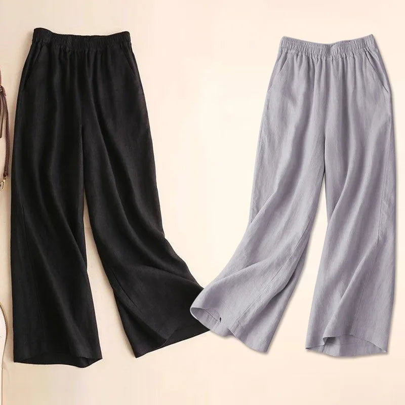 Women Cotton Linen Wide Leg Pants Female Summer Pants Full Length Casual Pants Fashion Solid Loose High Waist Straight Trousers