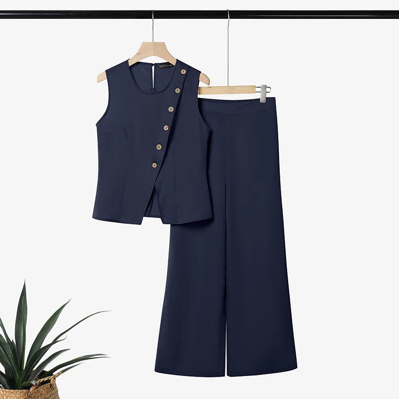 ZANZEA Fashion O Neck Sleeveles Tanks Tops Pants Sets Summer Women Matching Sets Irregular Buttons Up Blouse Trousers OL Outfits