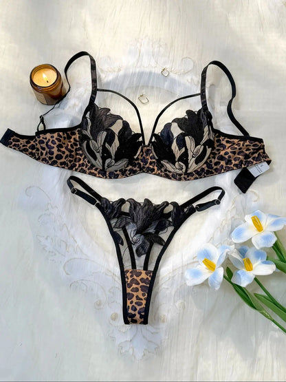 Ladies Animal Print Floral Embroidered Bra Thong Set Leopard Mesh Splice Lingerie Outfit Elegant Intimate Sleepwear ZA825183