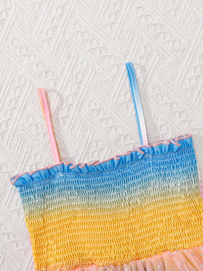 Girls Summer Gown Sweet Sleeveless Tulle Skirt with Gradient Color Sequin Mesh Gathered Strap Design for Outdoor Vacation