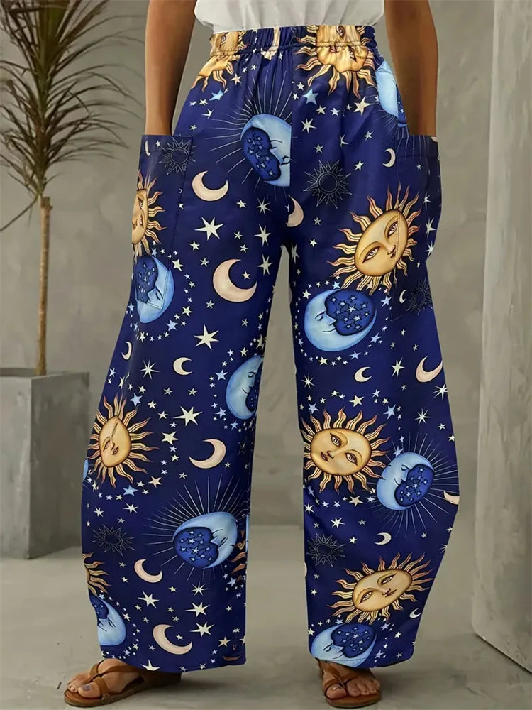 Women's Fashion New Wide-legged Pants Elegant 3d Sun, Moon And Star Printed Pants Women's Street Vintage Pants With Pockets