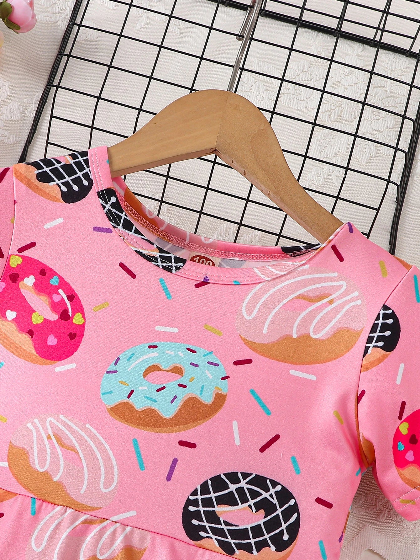 Pink Donut Print round Neck Short Sleeve Dress for Girls Cute Full Print Girl's Dress