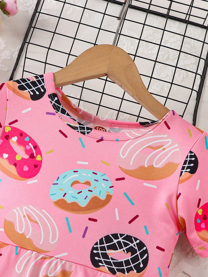 Pink Donut Print round Neck Short Sleeve Dress for Girls Cute Full Print Girl's Dress