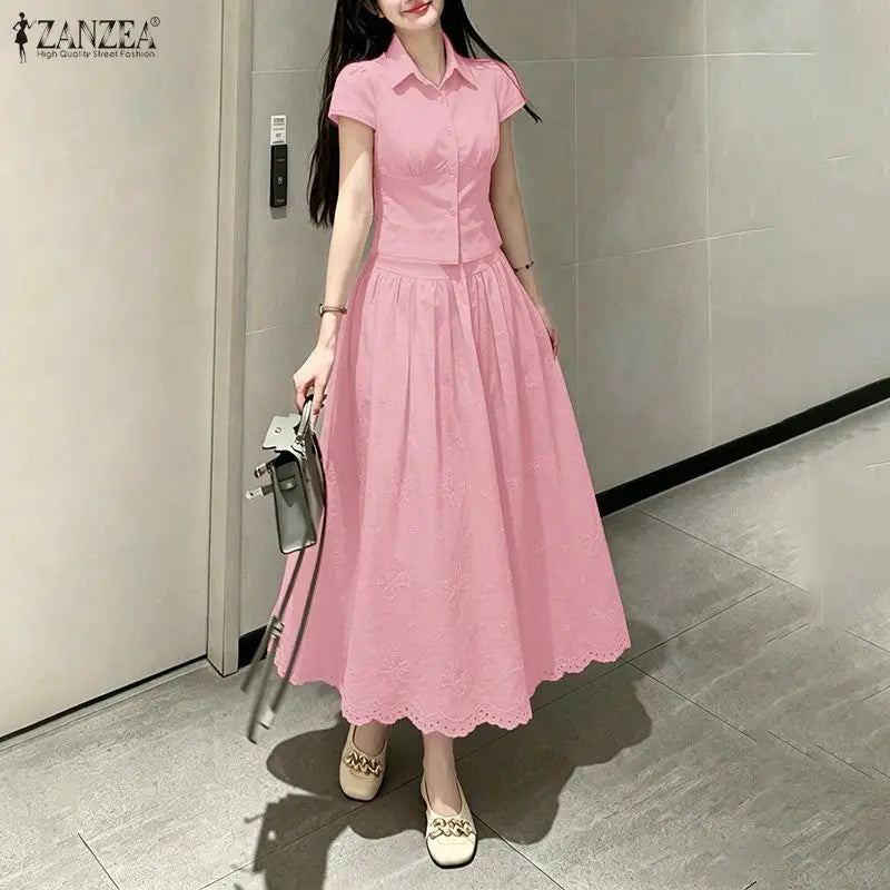 ZANZEA Women's Elegant Chic Skirt Sets Short Sleeve Short Shirt & Embroidered Maxi Skirt 2 Pieces Sets Outfits Korean Fashion