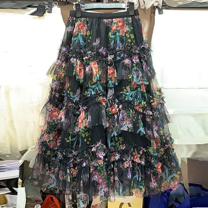 Elegant Long 2025 Patchwork  Flower Print Tulle Skirt plus Size Women's Cake Style Half Body Fairy Tale Skirts