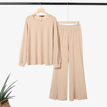 ZANZEA Plus Size-Women's Ribbed Knit Pant Suits Long Sleeve Tops & Slit Hem Wide-Leg Pants 2 Pieces Sets Cozy Loose Outfits 5XL