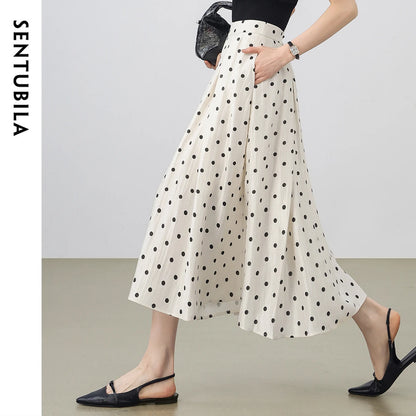 SENTUBILA Polka Dot Women's Skirt 2026 Fashion French Style A-line Elegant High Waist Pleated Ladies Long Skirts 152QG0009