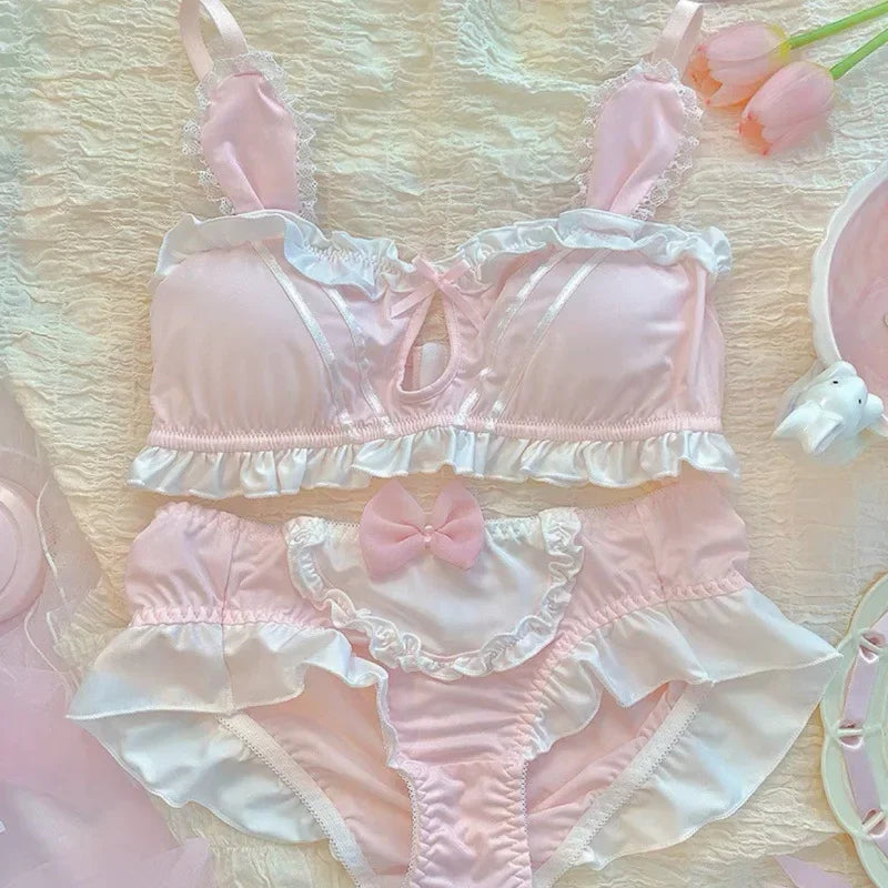 Japanese Cute Girl Lace Bra Set Hollow Sexy Sweet Rimless Underwear Bras for Women