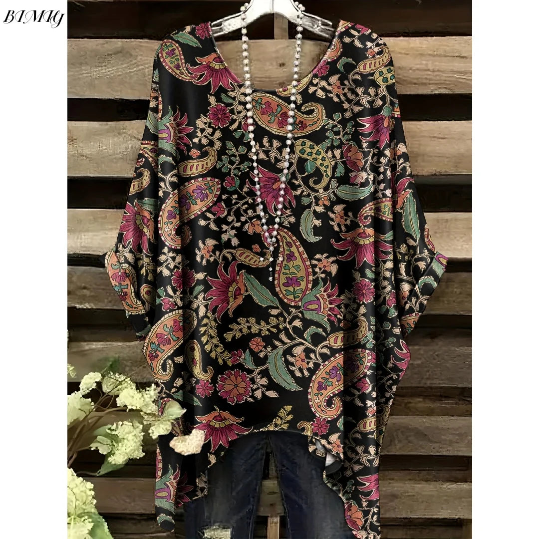 Bohemian Floral Tunic Plus Size Women's Bohemian Floral Print Tunic T-Shirt Short Sleeve Round Neck Casual Top Vibrant 2025